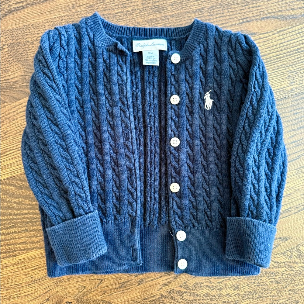 Ralph Lauren Navy Cable Knit Cardigan with Polo Logo